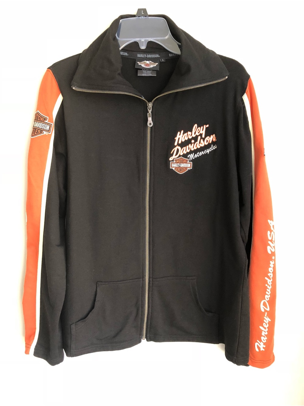 Harley Davidson Women’s L High Neck Zip Sweatshirt Jacket Black Orange